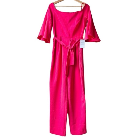 NWT Eliza J Red Off-the-shoulder Bell Sleeve Tie Waist Jumpsuit Sz 6 - Picture 5 of 16